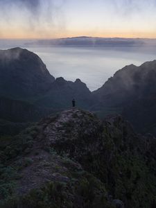 Preview wallpaper man, mountains, sea, view, alone