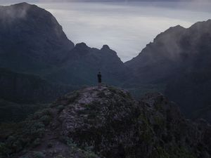 Preview wallpaper man, mountains, sea, view, alone