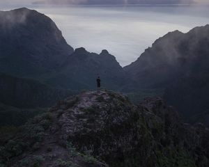 Preview wallpaper man, mountains, sea, view, alone
