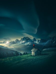 Preview wallpaper man, mountains, structure, mountain landscape, night