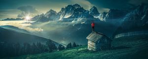 Preview wallpaper man, mountains, structure, mountain landscape, night