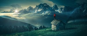 Preview wallpaper man, mountains, structure, mountain landscape, night