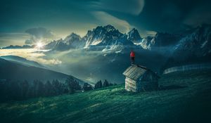 Preview wallpaper man, mountains, structure, mountain landscape, night