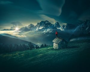 Preview wallpaper man, mountains, structure, mountain landscape, night