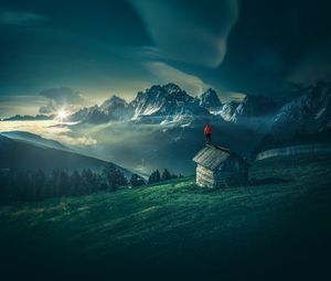 Preview wallpaper man, mountains, structure, mountain landscape, night