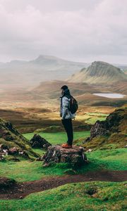 Preview wallpaper man, mountains, tourist, trip, fog, grass