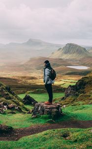 Preview wallpaper man, mountains, tourist, trip, fog, grass