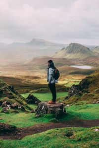 Preview wallpaper man, mountains, tourist, trip, fog, grass