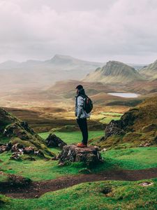 Preview wallpaper man, mountains, tourist, trip, fog, grass