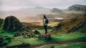 Preview wallpaper man, mountains, tourist, trip, fog, grass