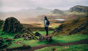 Preview wallpaper man, mountains, tourist, trip, fog, grass