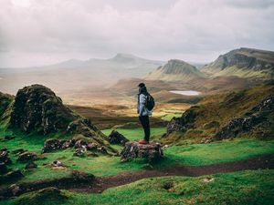 Preview wallpaper man, mountains, tourist, trip, fog, grass