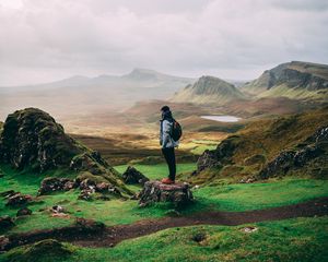 Preview wallpaper man, mountains, tourist, trip, fog, grass