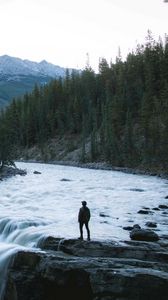 Preview wallpaper man, mountains, waterfall, loneliness