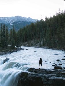 Preview wallpaper man, mountains, waterfall, loneliness