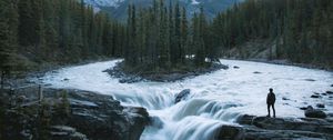 Preview wallpaper man, mountains, waterfall, loneliness