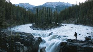 Preview wallpaper man, mountains, waterfall, loneliness