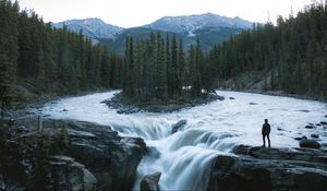 Preview wallpaper man, mountains, waterfall, loneliness