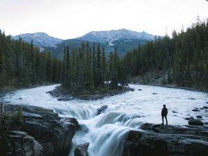 Preview wallpaper man, mountains, waterfall, loneliness