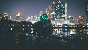 Preview wallpaper man, neon mask, mask, dark, night city