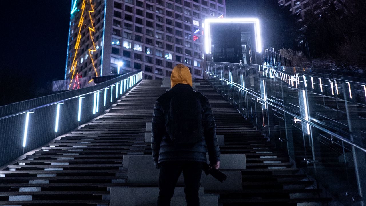 Wallpaper man, night city, building, hood, lonely