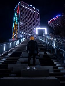 Preview wallpaper man, night city, building, hood, lonely