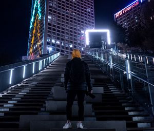 Preview wallpaper man, night city, building, hood, lonely