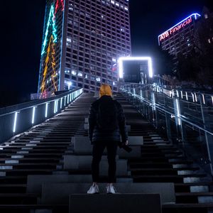 Preview wallpaper man, night city, building, hood, lonely