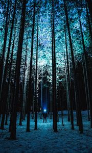 Preview wallpaper man, night, forest, light, trees