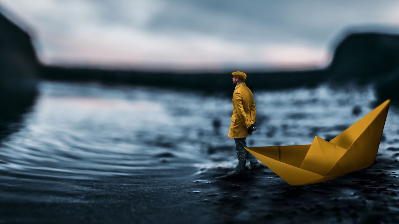 Wallpaper man, origami, boat, photoshop, water
