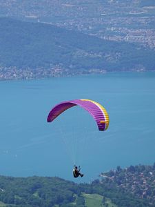 Preview wallpaper man, parachute, sea, aerial view
