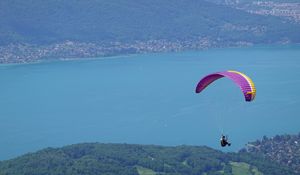Preview wallpaper man, parachute, sea, aerial view