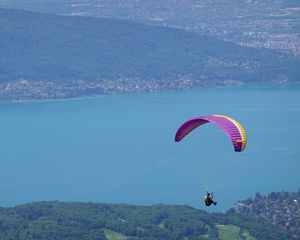 Preview wallpaper man, parachute, sea, aerial view