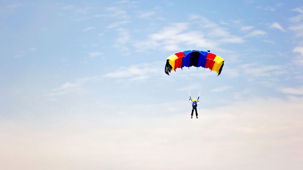 Wallpaper man, parachute, sky, clouds