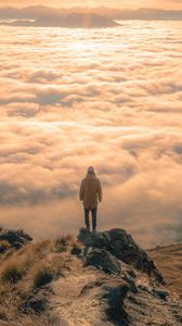 Preview wallpaper man, peak, clouds, solitude, loneliness, new zealand