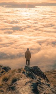 Preview wallpaper man, peak, clouds, solitude, loneliness, new zealand