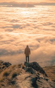 Preview wallpaper man, peak, clouds, solitude, loneliness, new zealand