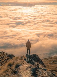 Preview wallpaper man, peak, clouds, solitude, loneliness, new zealand