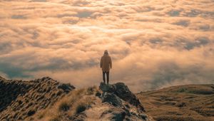 Preview wallpaper man, peak, clouds, solitude, loneliness, new zealand