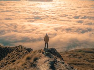 Preview wallpaper man, peak, clouds, solitude, loneliness, new zealand