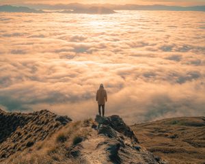 Preview wallpaper man, peak, clouds, solitude, loneliness, new zealand