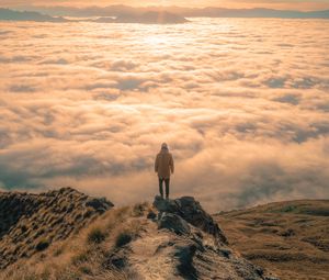 Preview wallpaper man, peak, clouds, solitude, loneliness, new zealand