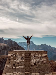 Preview wallpaper man, peak, mountains, freedom, overview