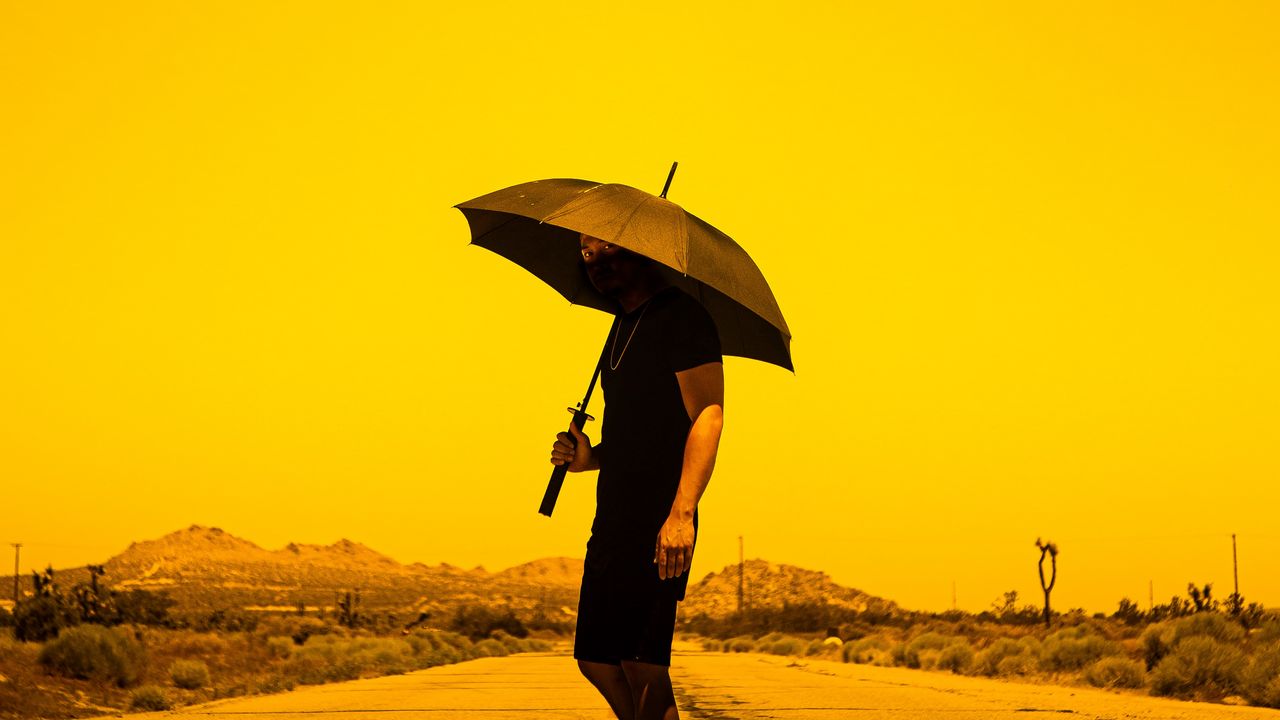 Wallpaper man, person, umbrella, road, sunset