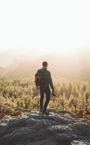 Preview wallpaper man, photographer, mountains, forest, nature