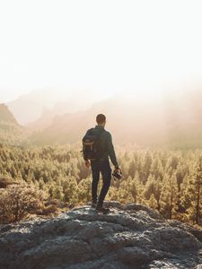 Preview wallpaper man, photographer, mountains, forest, nature