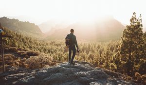 Preview wallpaper man, photographer, mountains, forest, nature