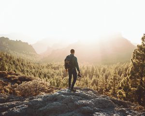 Preview wallpaper man, photographer, mountains, forest, nature