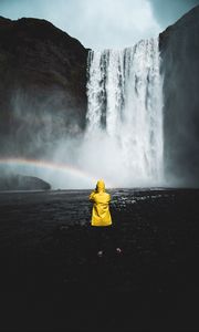 Preview wallpaper man, photographer, rainbow, waterfall, water