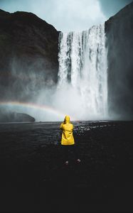 Preview wallpaper man, photographer, rainbow, waterfall, water